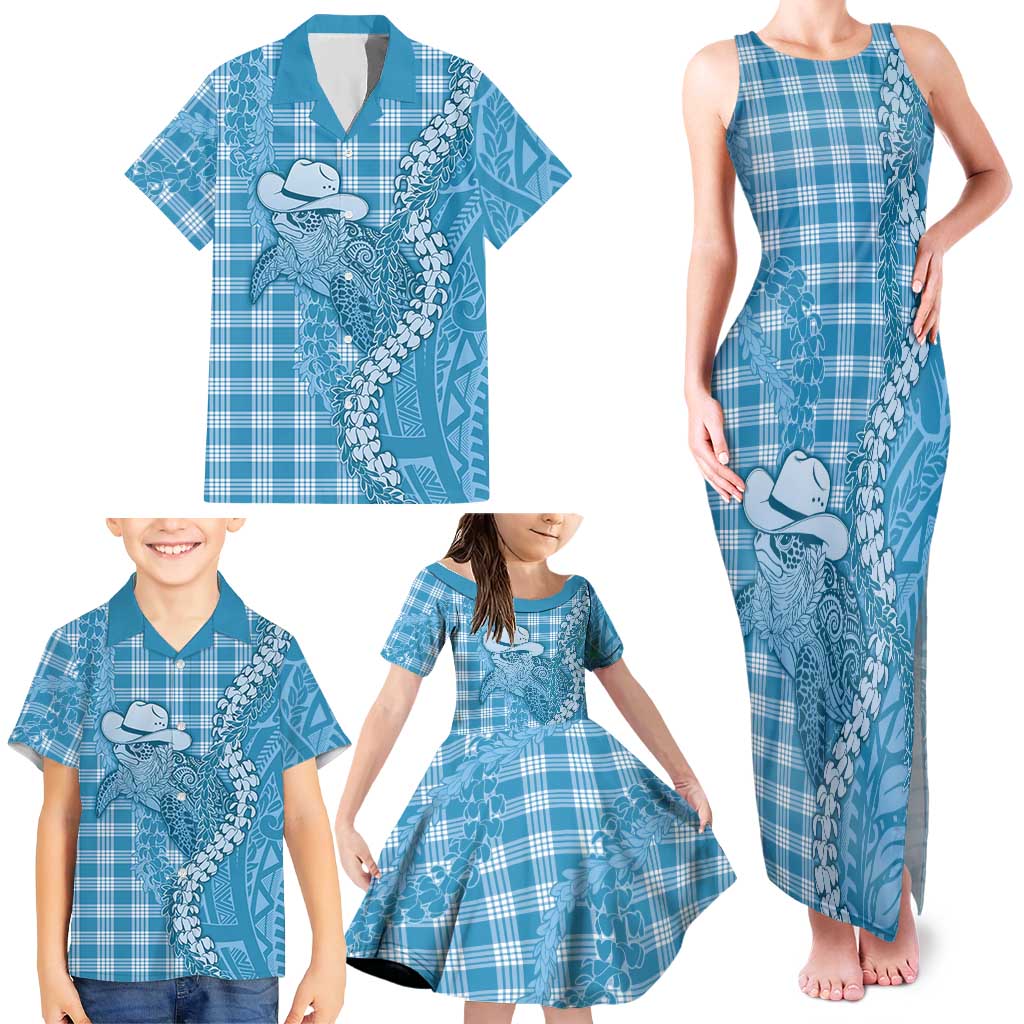 Blue Hawaii Palaka Cowboy Turtle Family Matching Tank Maxi Dress and Hawaiian Shirt Hawaiian Paniolo Puakenikeni Maile Lei - Polynesian Pride