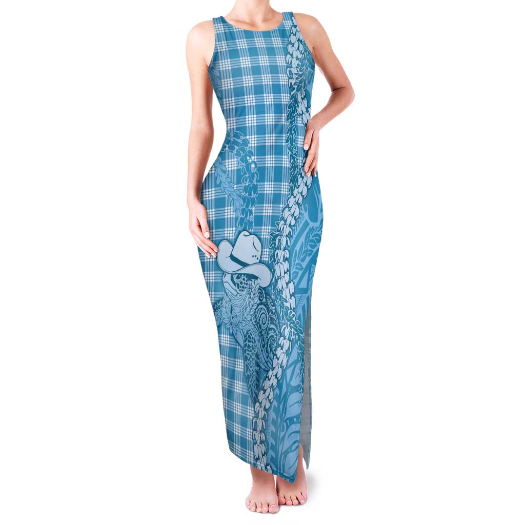 Blue Hawaii Palaka Cowboy Turtle Family Matching Tank Maxi Dress and Hawaiian Shirt Hawaiian Paniolo Puakenikeni Maile Lei DT05 Mom's Dress Blue - Polynesian Pride