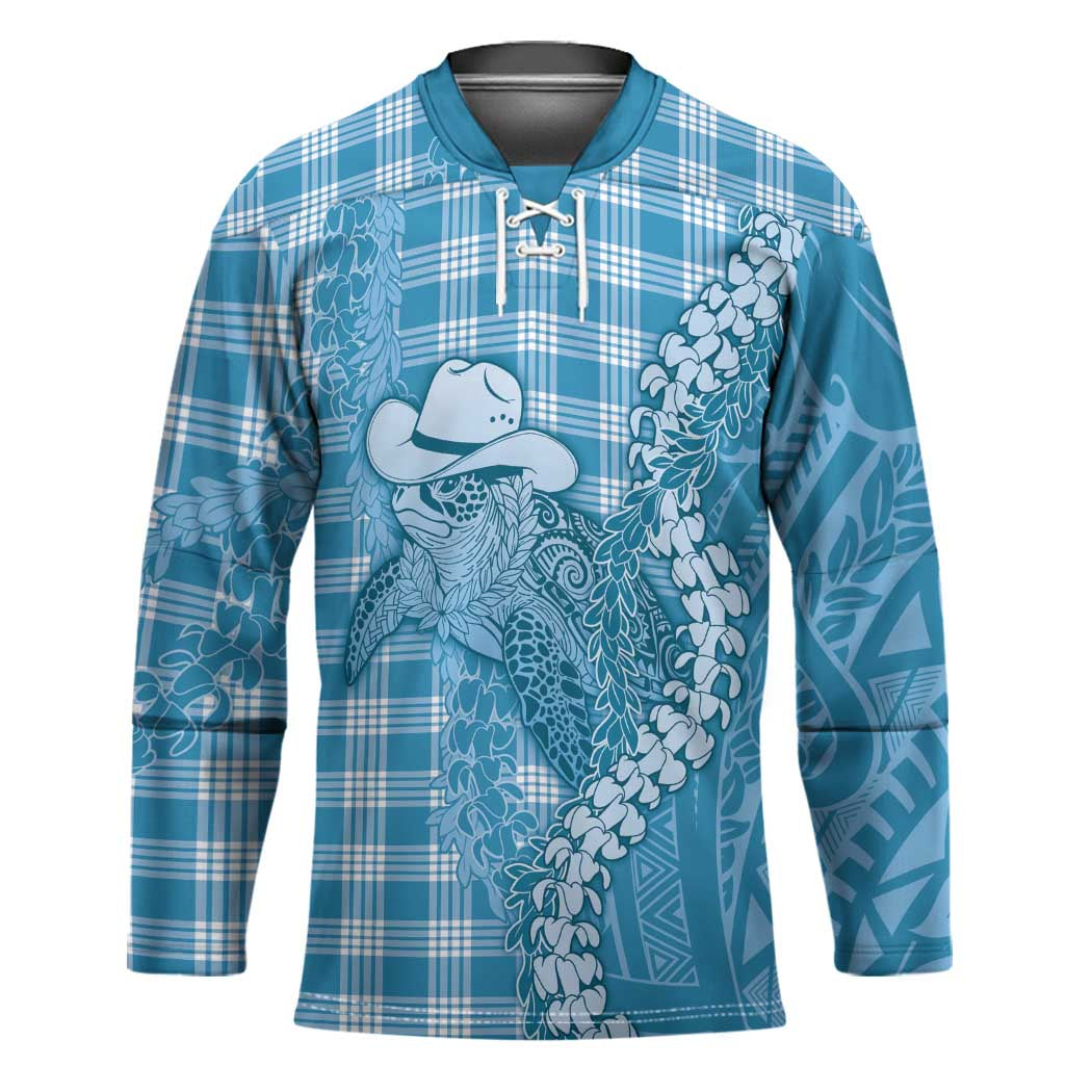 Blue Hawaii Palaka Cowboy Turtle Hockey Jersey Hawaiian Paniolo Puakenikeni Maile Lei - Polynesian Pride