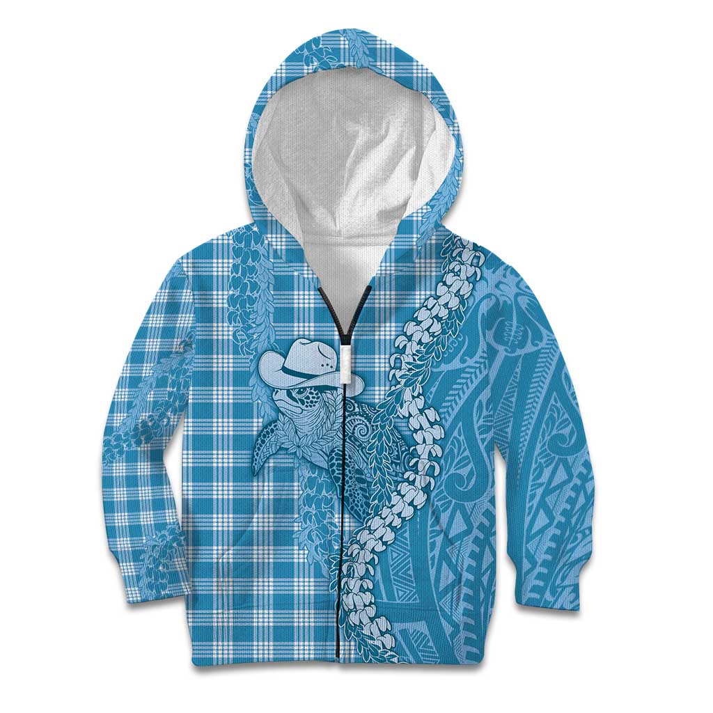 Blue Hawaii Palaka Cowboy Turtle Kid Hoodie Hawaiian Paniolo Puakenikeni Maile Lei DT05 Zip Hoodie Blue - Polynesian Pride