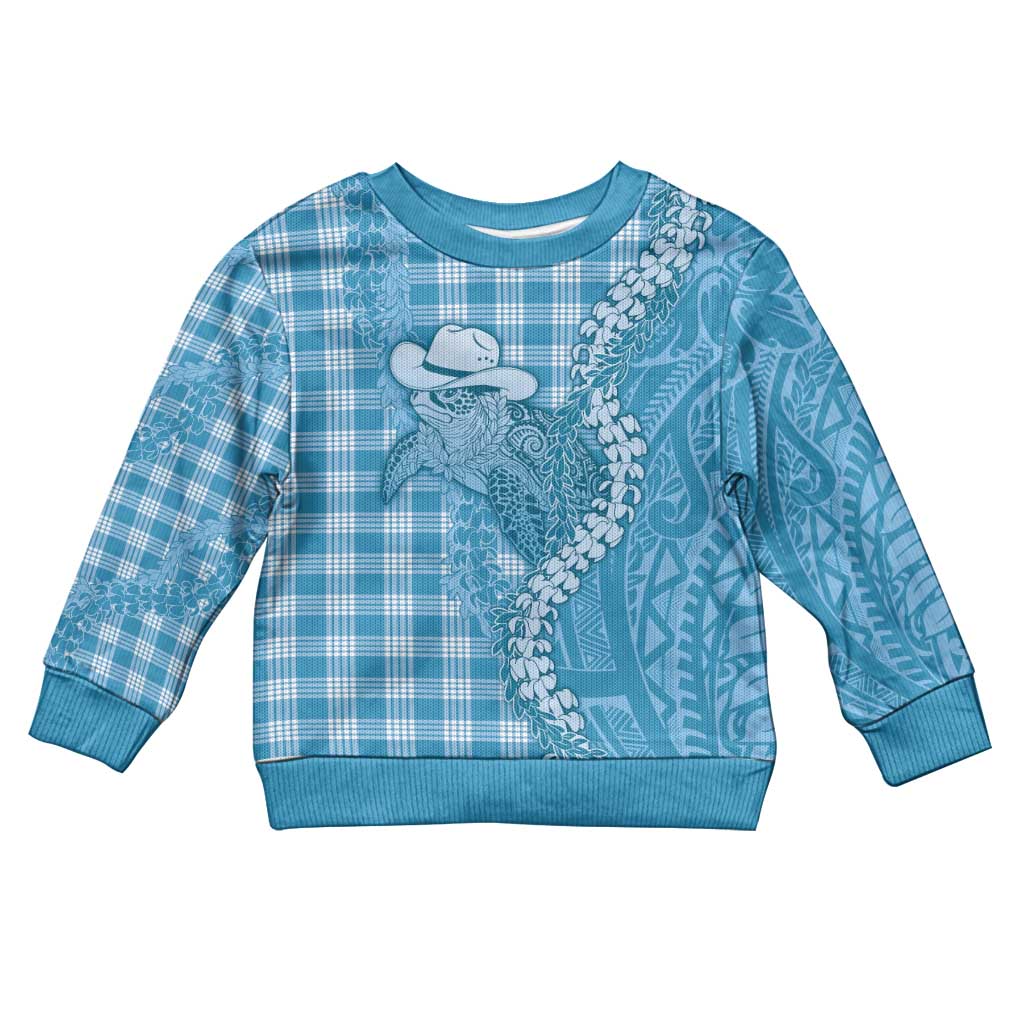 Blue Hawaii Palaka Cowboy Turtle Kid Ugly Christmas Sweater Hawaiian Paniolo Puakenikeni Maile Lei - Polynesian Pride