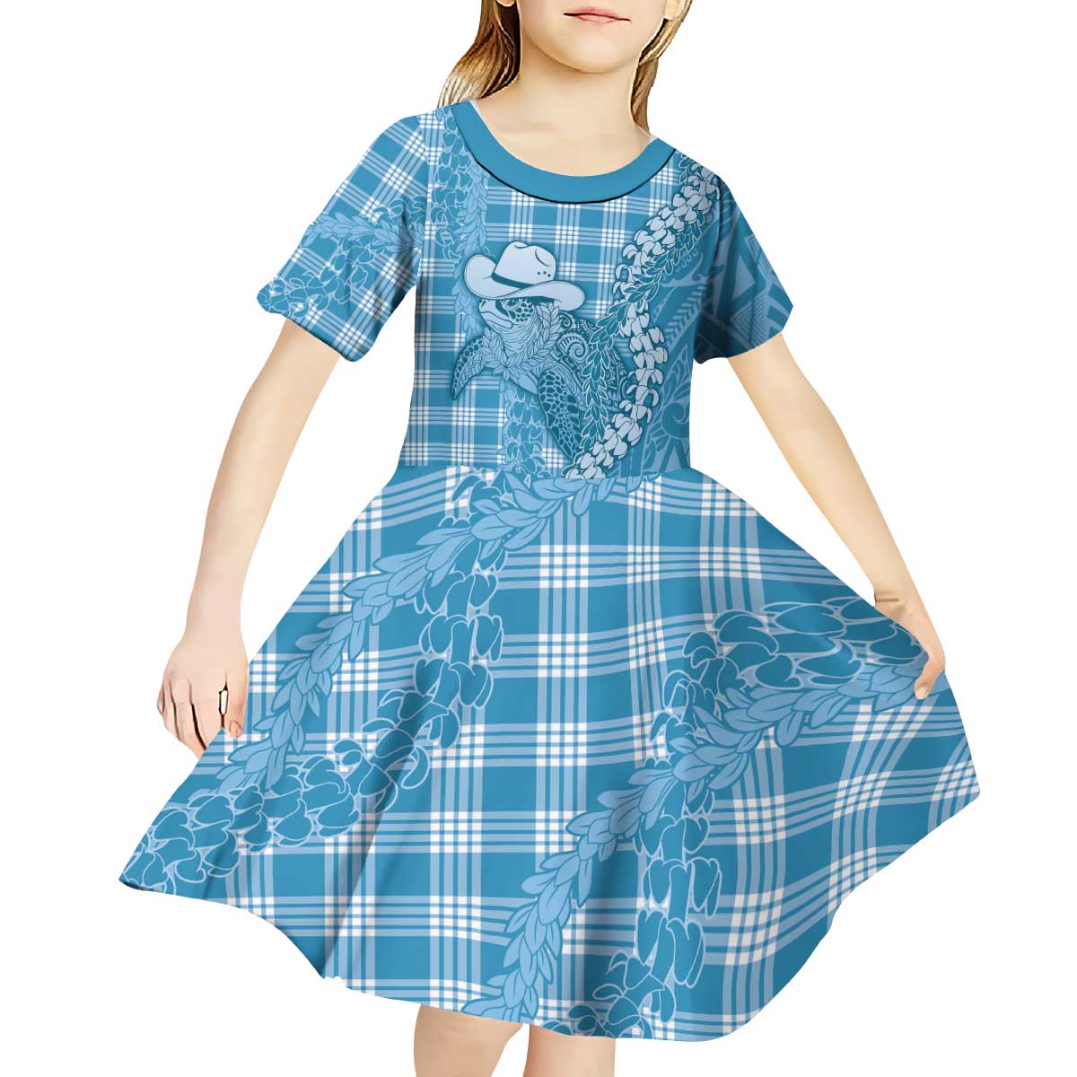 Blue Hawaii Palaka Cowboy Turtle Kid Short Sleeve Dress Hawaiian Paniolo Puakenikeni Maile Lei - Polynesian Pride