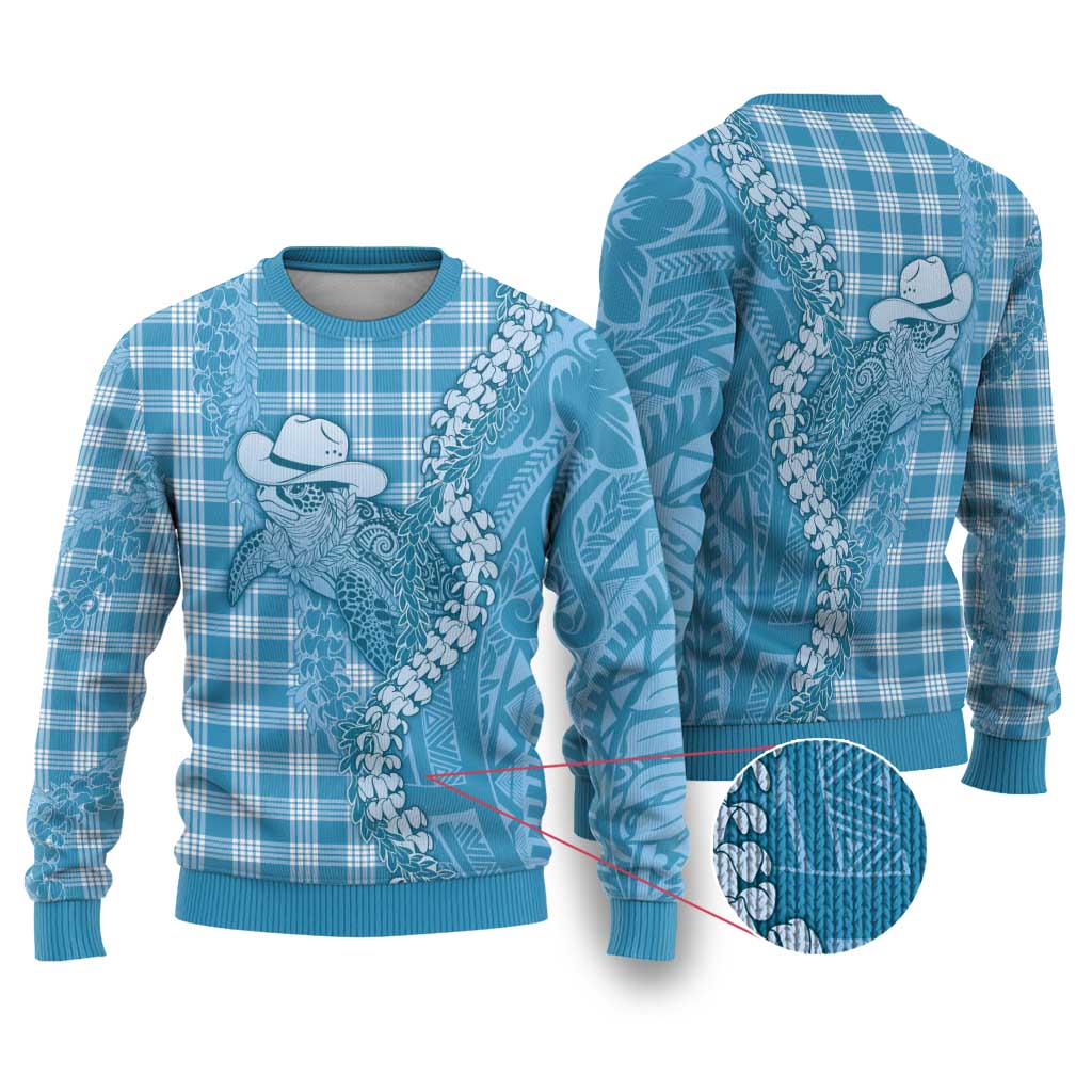 Blue Hawaii Palaka Cowboy Turtle Ugly Christmas Sweater Hawaiian Paniolo Puakenikeni Maile Lei - Polynesian Pride