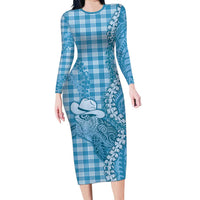 Blue Hawaii Palaka Cowboy Turtle Long Sleeve Bodycon Dress Hawaiian Paniolo Puakenikeni Maile Lei DT05 Long Dress Blue - Polynesian Pride