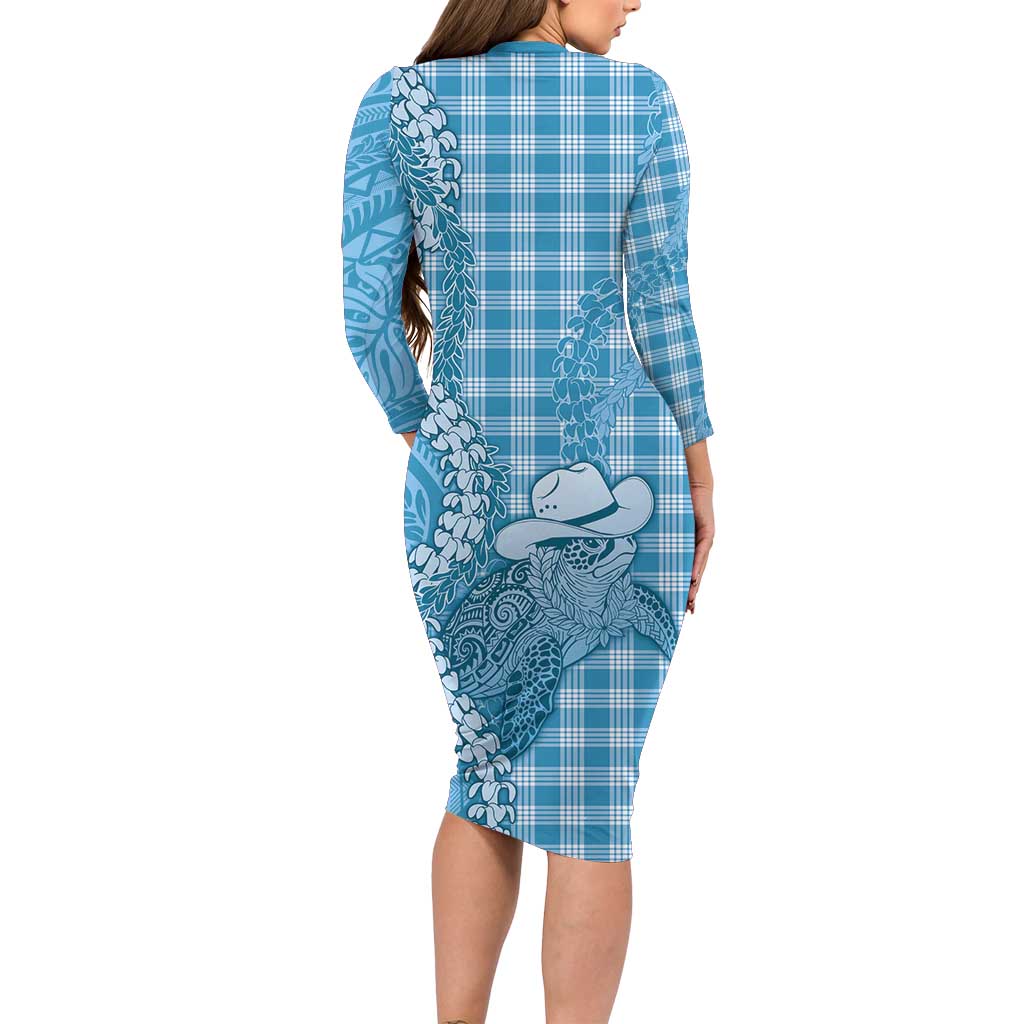 Blue Hawaii Palaka Cowboy Turtle Long Sleeve Bodycon Dress Hawaiian Paniolo Puakenikeni Maile Lei DT05 - Polynesian Pride