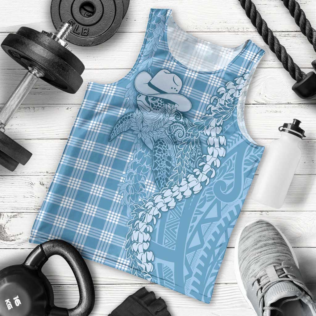 Blue Hawaii Palaka Cowboy Turtle Men Tank Top Hawaiian Paniolo Puakenikeni Maile Lei - Polynesian Pride