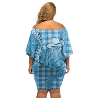 Blue Hawaii Palaka Cowboy Turtle Off Shoulder Short Dress Hawaiian Paniolo Puakenikeni Maile Lei - Polynesian Pride