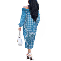 Blue Hawaii Palaka Cowboy Turtle Off The Shoulder Long Sleeve Dress Hawaiian Paniolo Puakenikeni Maile Lei DT05 - Polynesian Pride