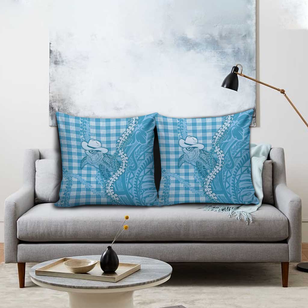Blue Hawaii Palaka Cowboy Turtle Pillow Cover Hawaiian Paniolo Puakenikeni Maile Lei - Polynesian Pride
