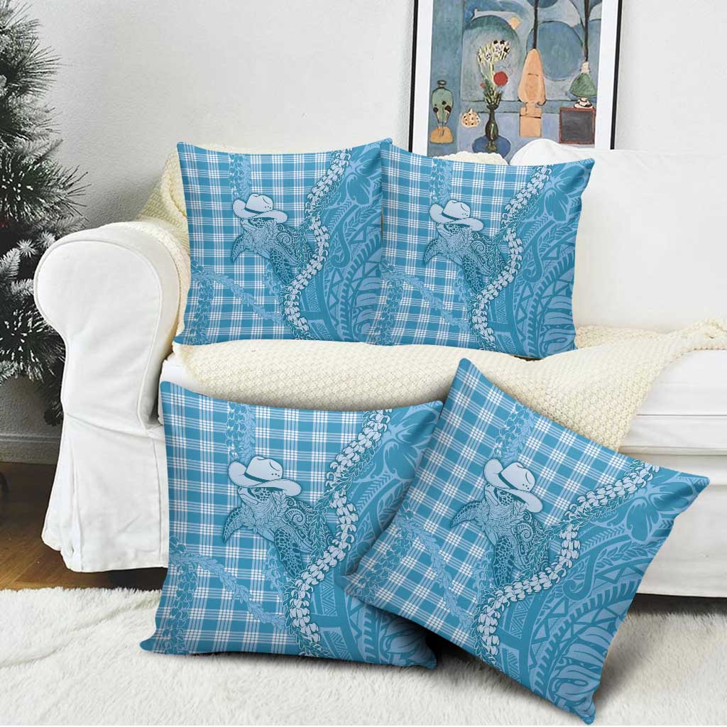 Blue Hawaii Palaka Cowboy Turtle Pillow Cover Hawaiian Paniolo Puakenikeni Maile Lei - Polynesian Pride