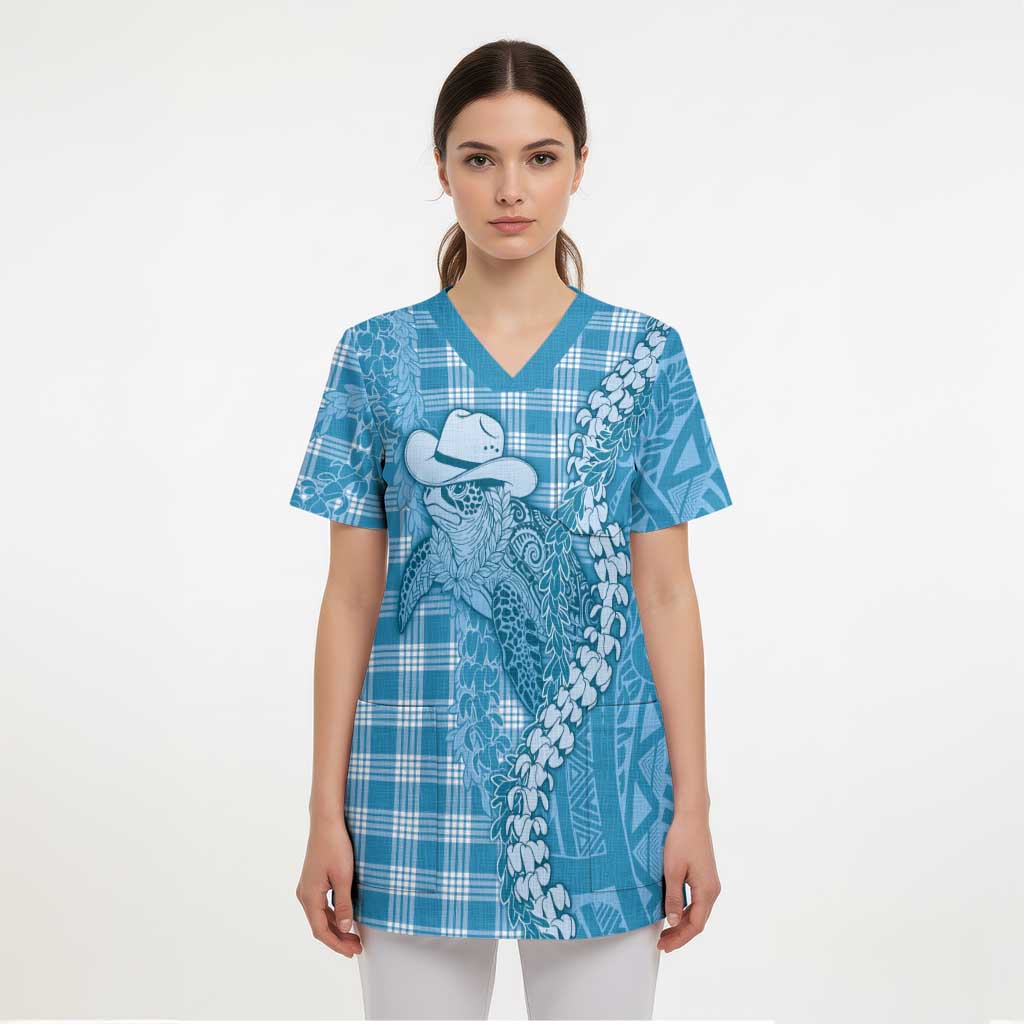 Blue Hawaii Palaka Cowboy Turtle Scrub Top Hawaiian Paniolo Puakenikeni Maile Lei - Polynesian Pride