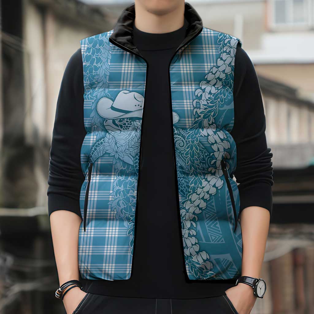 Blue Hawaii Palaka Cowboy Turtle Sleeveless Puffer Jacket Hawaiian Paniolo Puakenikeni Maile Lei - Polynesian Pride