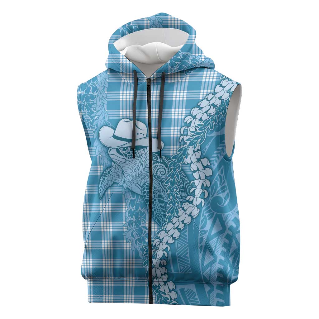 Blue Hawaii Palaka Cowboy Turtle Sleeveless Zip Hoodie Hawaiian Paniolo Puakenikeni Maile Lei - Polynesian Pride