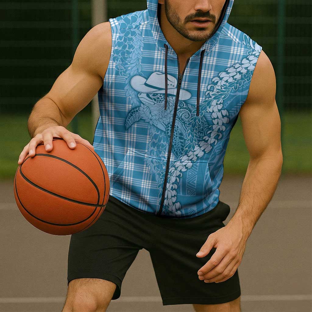 Blue Hawaii Palaka Cowboy Turtle Sleeveless Zip Hoodie Hawaiian Paniolo Puakenikeni Maile Lei - Polynesian Pride