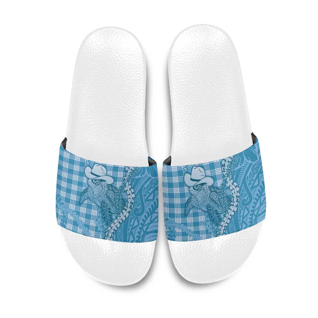Blue Hawaii Palaka Cowboy Turtle Slide Sandals Hawaiian Paniolo Puakenikeni Maile Lei - Polynesian Pride