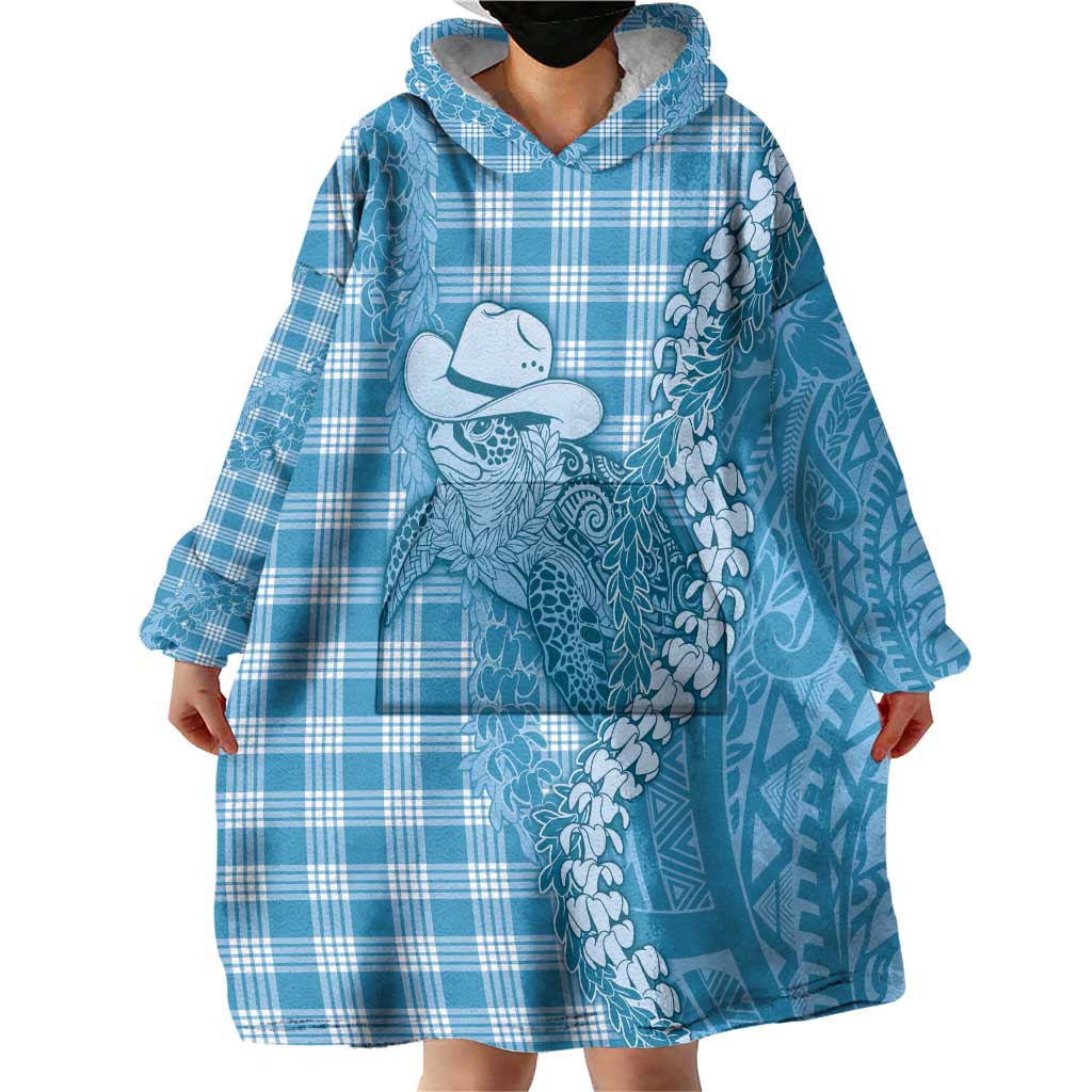Blue Hawaii Palaka Cowboy Turtle Wearable Blanket Hoodie Hawaiian Paniolo Puakenikeni Maile Lei DT05 - Polynesian Pride
