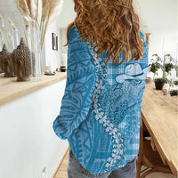 Blue Hawaii Palaka Cowboy Turtle Women Casual Shirt Hawaiian Paniolo Puakenikeni Maile Lei DT05 - Polynesian Pride
