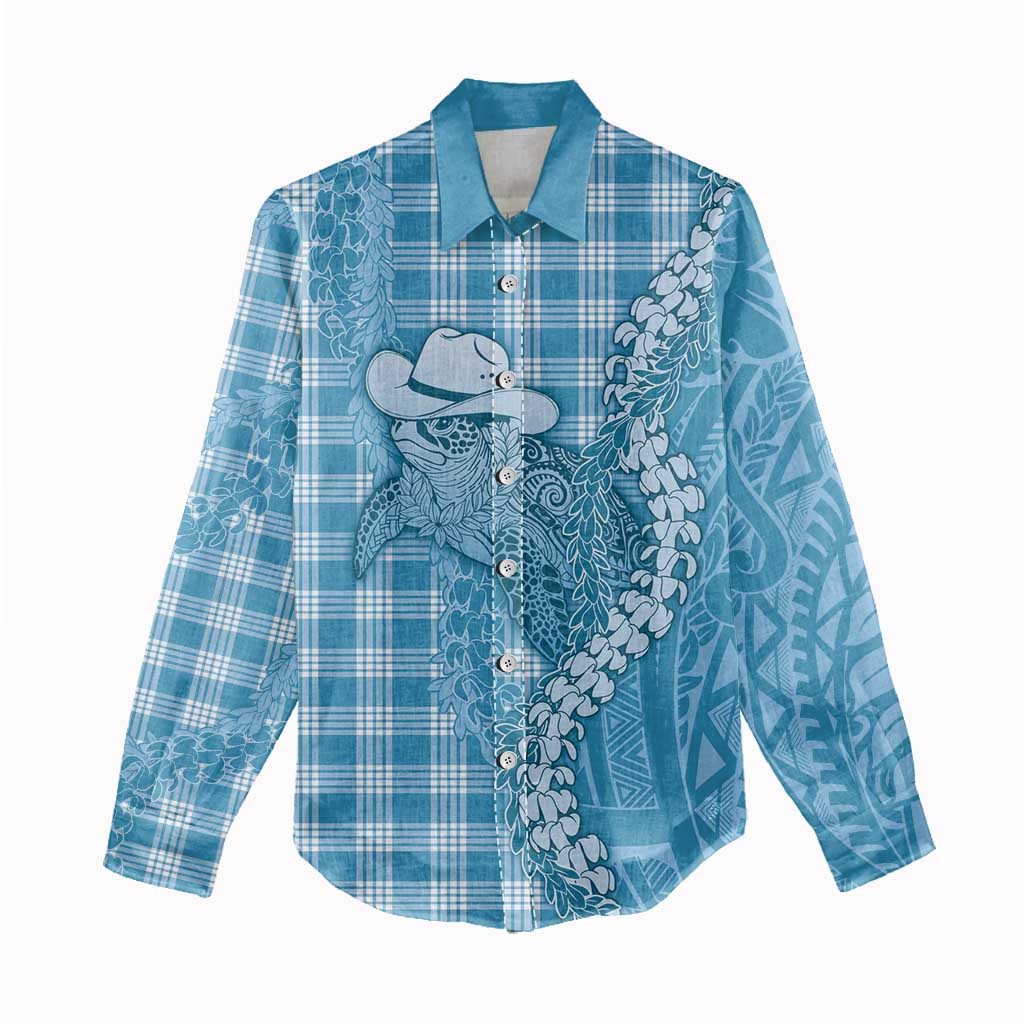 Blue Hawaii Palaka Cowboy Turtle Women Casual Shirt Hawaiian Paniolo Puakenikeni Maile Lei DT05 - Polynesian Pride