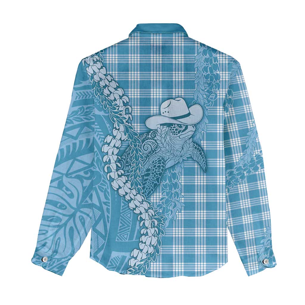 Blue Hawaii Palaka Cowboy Turtle Women Casual Shirt Hawaiian Paniolo Puakenikeni Maile Lei DT05 - Polynesian Pride