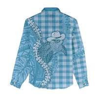 Blue Hawaii Palaka Cowboy Turtle Women Casual Shirt Hawaiian Paniolo Puakenikeni Maile Lei DT05 - Polynesian Pride