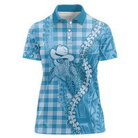 Blue Hawaii Palaka Cowboy Turtle Women Polo Shirt Hawaiian Paniolo Puakenikeni Maile Lei DT05 Female Blue - Polynesian Pride