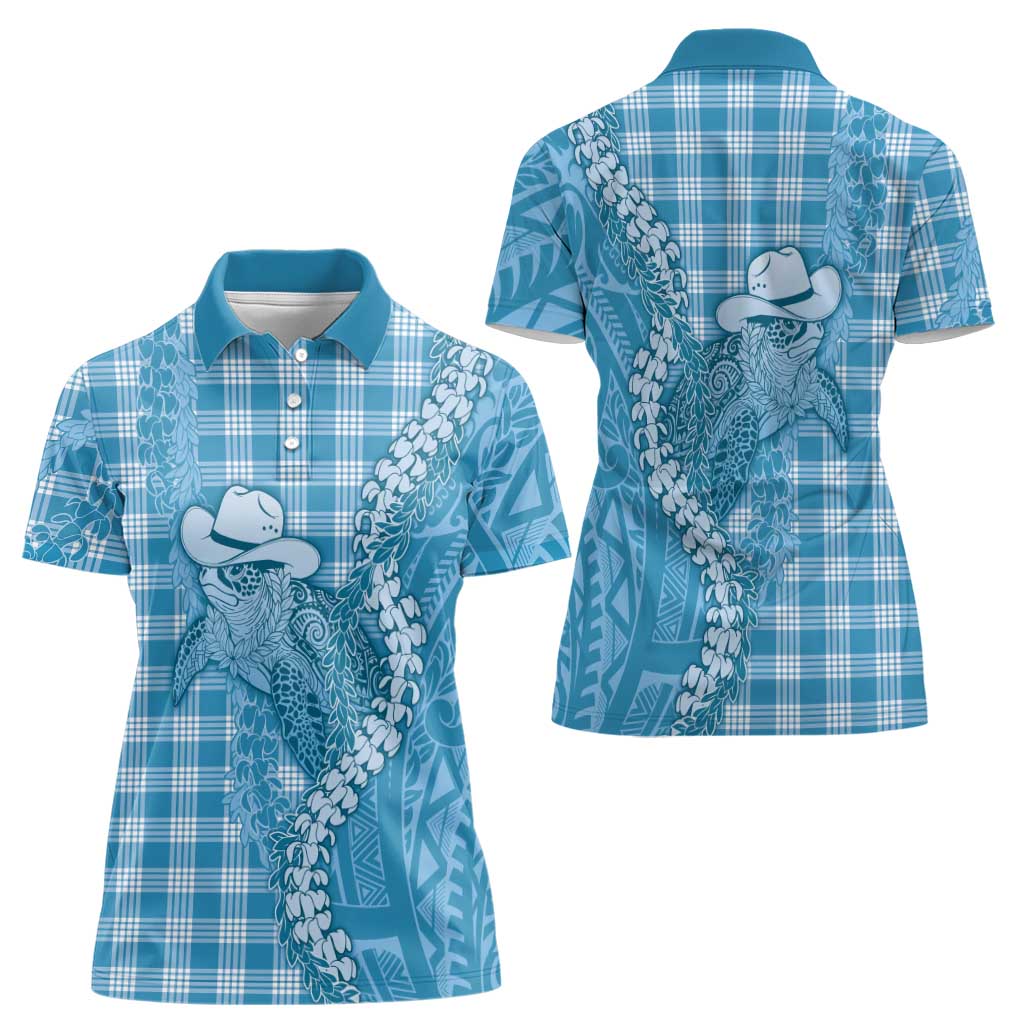 Blue Hawaii Palaka Cowboy Turtle Women Polo Shirt Hawaiian Paniolo Puakenikeni Maile Lei DT05 - Polynesian Pride