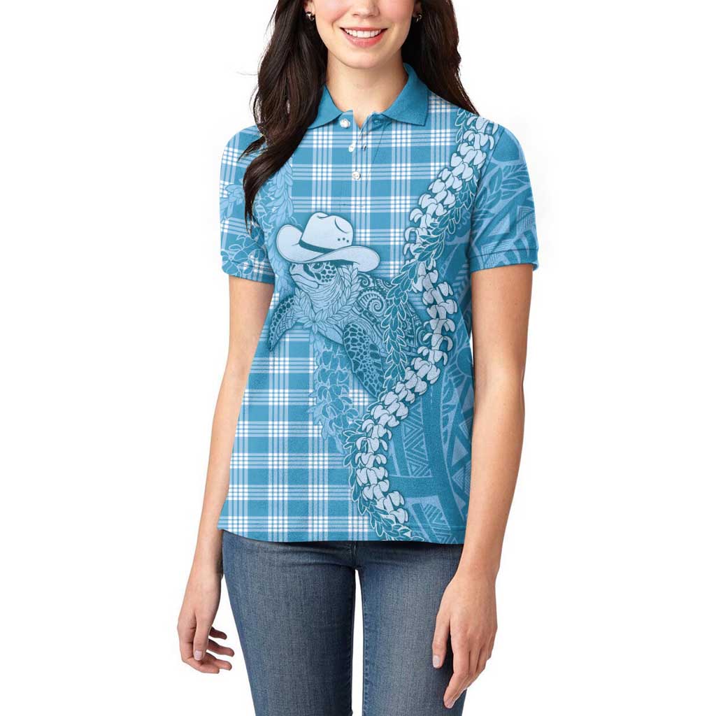 Blue Hawaii Palaka Cowboy Turtle Women Polo Shirt Hawaiian Paniolo Puakenikeni Maile Lei DT05 - Polynesian Pride