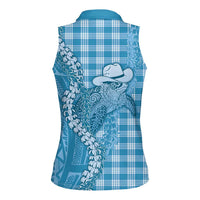Blue Hawaii Palaka Cowboy Turtle Women Sleeveless Polo Shirt Hawaiian Paniolo Puakenikeni Maile Lei DT05 - Polynesian Pride