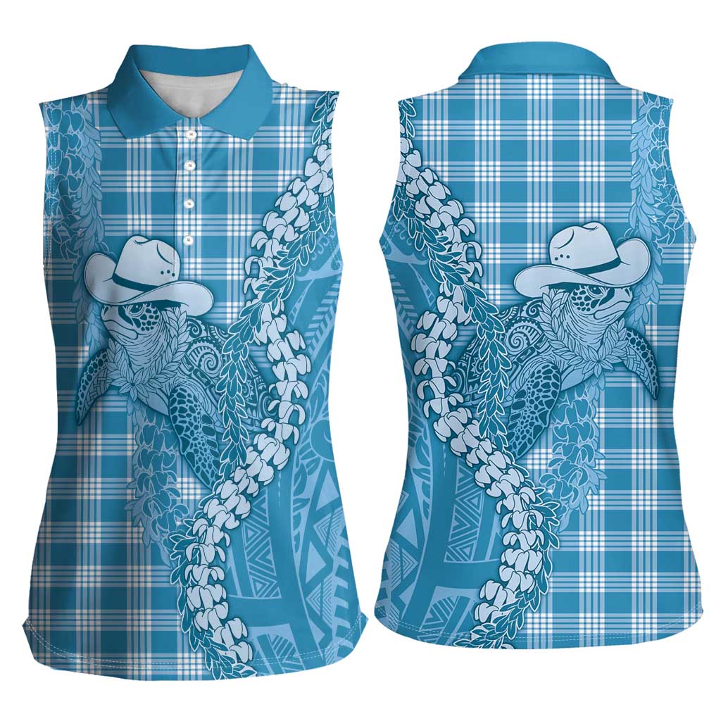 Blue Hawaii Palaka Cowboy Turtle Women Sleeveless Polo Shirt Hawaiian Paniolo Puakenikeni Maile Lei DT05 - Polynesian Pride
