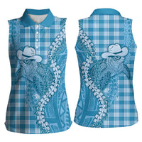 Blue Hawaii Palaka Cowboy Turtle Women Sleeveless Polo Shirt Hawaiian Paniolo Puakenikeni Maile Lei DT05 - Polynesian Pride