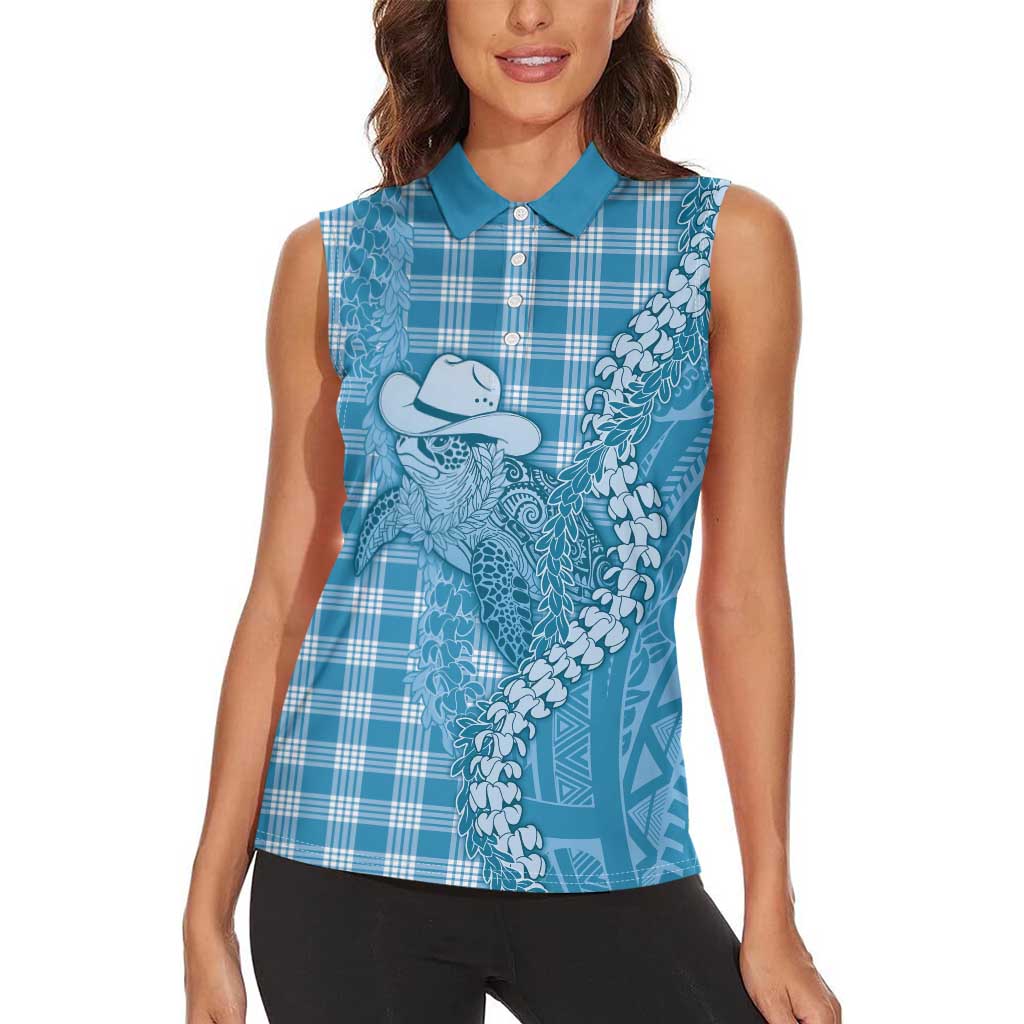 Blue Hawaii Palaka Cowboy Turtle Women Sleeveless Polo Shirt Hawaiian Paniolo Puakenikeni Maile Lei DT05 - Polynesian Pride