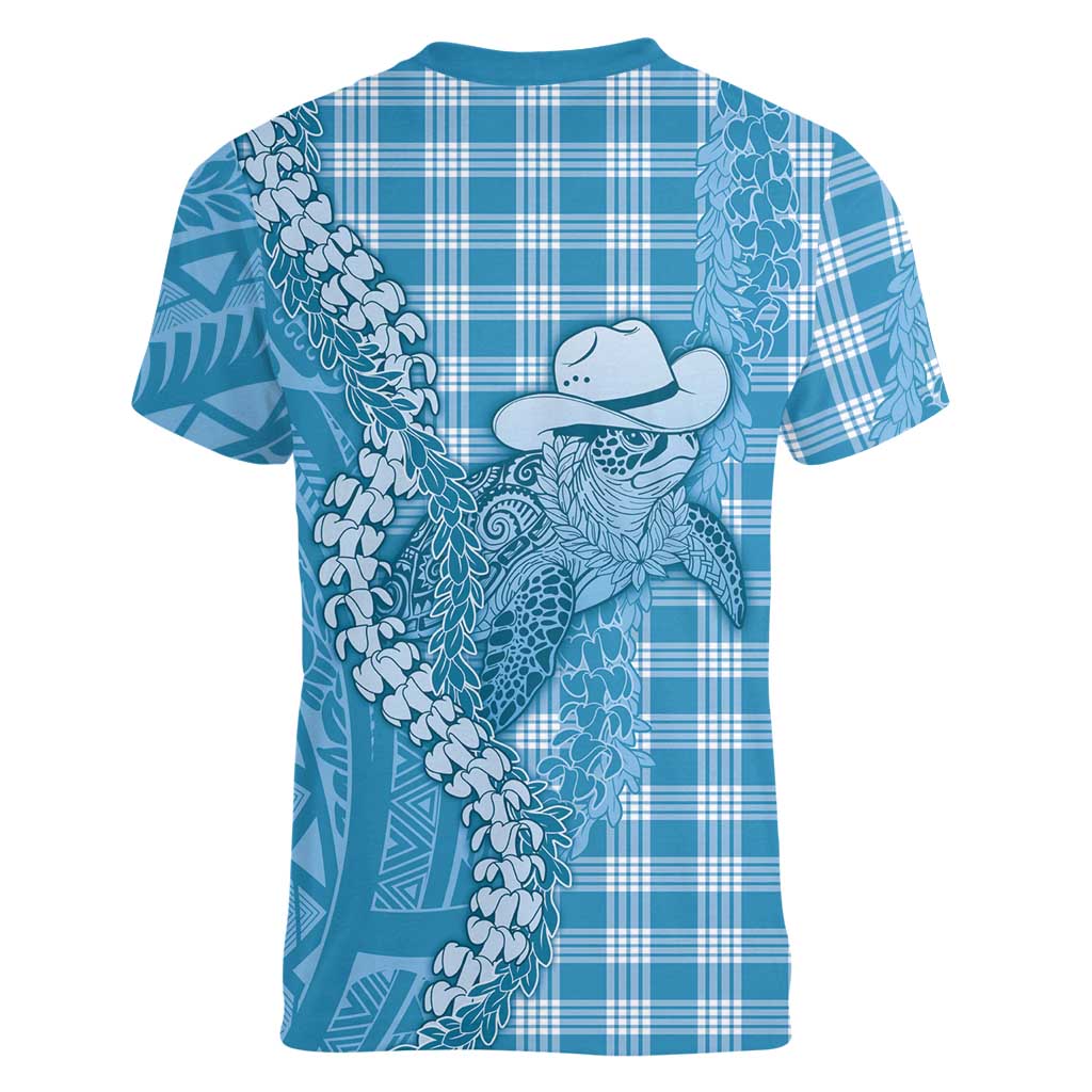 Blue Hawaii Palaka Cowboy Turtle Women V-Neck T-Shirt Hawaiian Paniolo Puakenikeni Maile Lei DT05 - Polynesian Pride