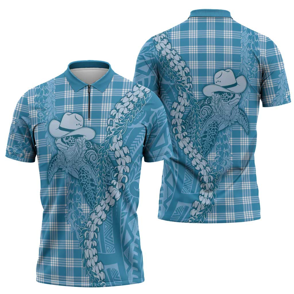 Blue Hawaii Palaka Cowboy Turtle Zipper Polo Shirt Hawaiian Paniolo Puakenikeni Maile Lei - Polynesian Pride