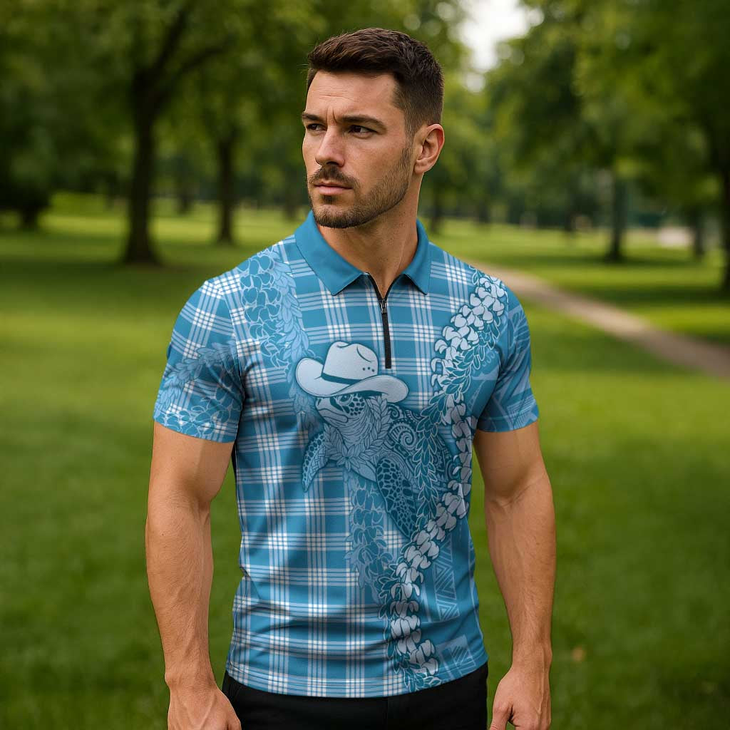Blue Hawaii Palaka Cowboy Turtle Zipper Polo Shirt Hawaiian Paniolo Puakenikeni Maile Lei - Polynesian Pride