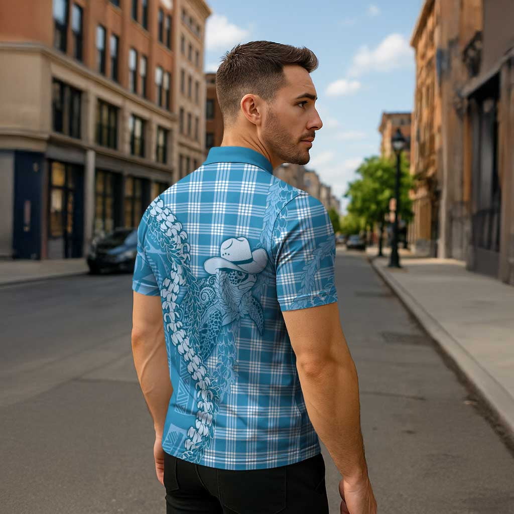 Blue Hawaii Palaka Cowboy Turtle Zipper Polo Shirt Hawaiian Paniolo Puakenikeni Maile Lei - Polynesian Pride