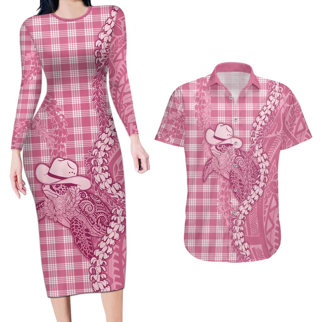Pink Hawaii Palaka Cowboy Turtle Couples Matching Long Sleeve Bodycon Dress and Hawaiian Shirt Hawaiian Paniolo Puakenikeni Maile Lei - Polynesian Pride