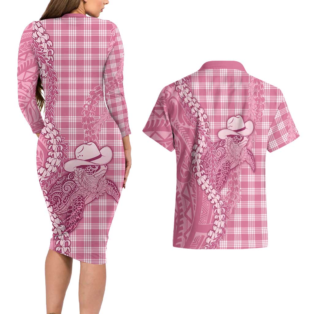 Pink Hawaii Palaka Cowboy Turtle Couples Matching Long Sleeve Bodycon Dress and Hawaiian Shirt Hawaiian Paniolo Puakenikeni Maile Lei DT05 - Polynesian Pride