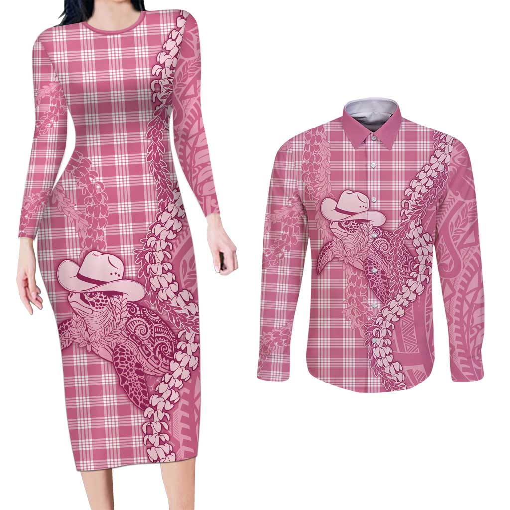 Pink Hawaii Palaka Cowboy Turtle Couples Matching Long Sleeve Bodycon Dress and Long Sleeve Button Shirt Hawaiian Paniolo Puakenikeni Maile Lei DT05 Pink - Polynesian Pride