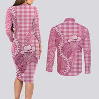 Pink Hawaii Palaka Cowboy Turtle Couples Matching Long Sleeve Bodycon Dress and Long Sleeve Button Shirt Hawaiian Paniolo Puakenikeni Maile Lei DT05 - Polynesian Pride