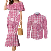 Pink Hawaii Palaka Cowboy Turtle Couples Matching Mermaid Dress and Long Sleeve Button Shirt Hawaiian Paniolo Puakenikeni Maile Lei DT05 Pink - Polynesian Pride
