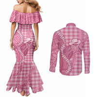Pink Hawaii Palaka Cowboy Turtle Couples Matching Mermaid Dress and Long Sleeve Button Shirt Hawaiian Paniolo Puakenikeni Maile Lei DT05 - Polynesian Pride