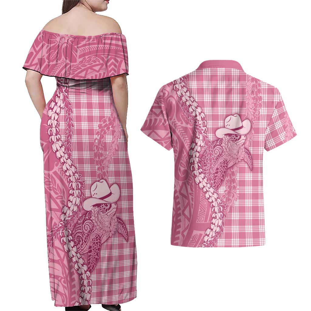 Pink Hawaii Palaka Cowboy Turtle Couples Matching Off Shoulder Maxi Dress and Hawaiian Shirt Hawaiian Paniolo Puakenikeni Maile Lei DT05 - Polynesian Pride