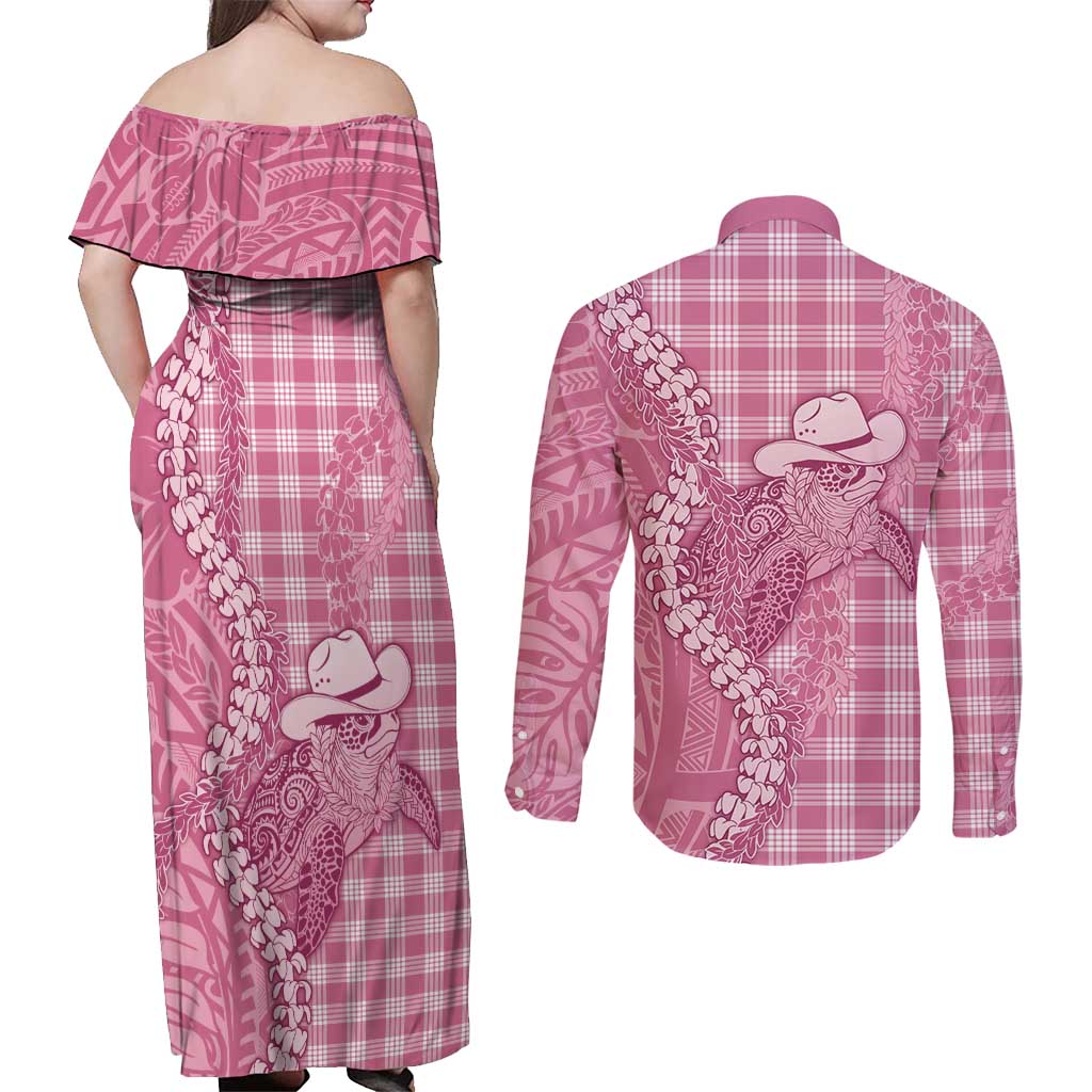 Pink Hawaii Palaka Cowboy Turtle Couples Matching Off Shoulder Maxi Dress and Long Sleeve Button Shirt Hawaiian Paniolo Puakenikeni Maile Lei DT05 - Polynesian Pride