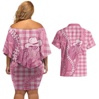 Pink Hawaii Palaka Cowboy Turtle Couples Matching Off Shoulder Short Dress and Hawaiian Shirt Hawaiian Paniolo Puakenikeni Maile Lei DT05 - Polynesian Pride