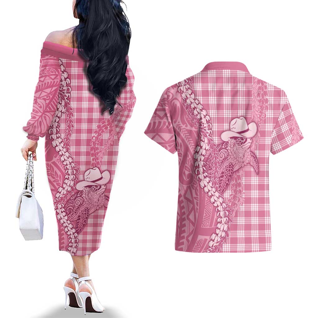 Pink Hawaii Palaka Cowboy Turtle Couples Matching Off The Shoulder Long Sleeve Dress and Hawaiian Shirt Hawaiian Paniolo Puakenikeni Maile Lei DT05 - Polynesian Pride