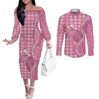 Pink Hawaii Palaka Cowboy Turtle Couples Matching Off The Shoulder Long Sleeve Dress and Long Sleeve Button Shirt Hawaiian Paniolo Puakenikeni Maile Lei DT05 Pink - Polynesian Pride