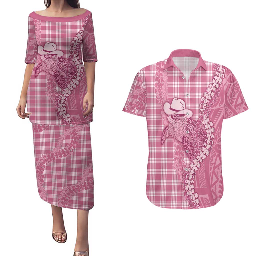 Pink Hawaii Palaka Cowboy Turtle Couples Matching Puletasi and Hawaiian Shirt Hawaiian Paniolo Puakenikeni Maile Lei - Polynesian Pride