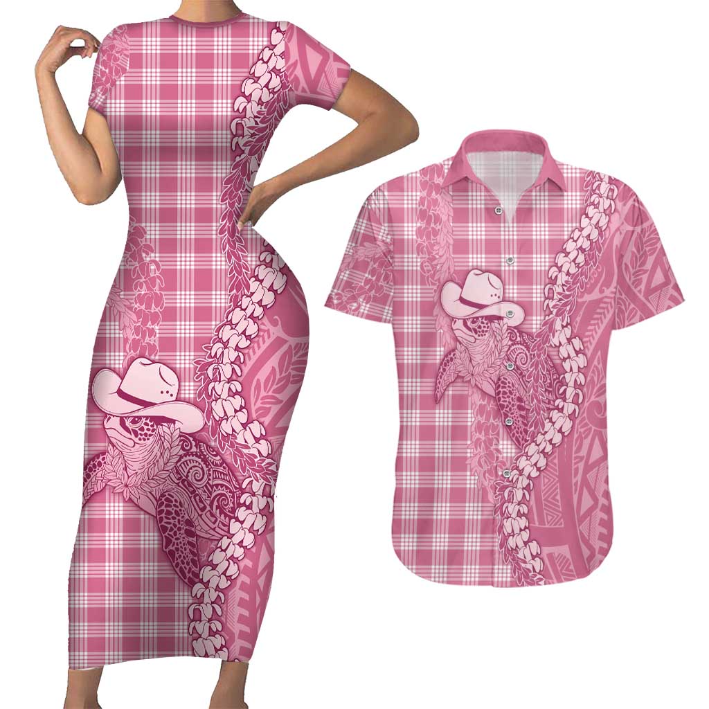 Pink Hawaii Palaka Cowboy Turtle Couples Matching Short Sleeve Bodycon Dress and Hawaiian Shirt Hawaiian Paniolo Puakenikeni Maile Lei DT05 Pink - Polynesian Pride