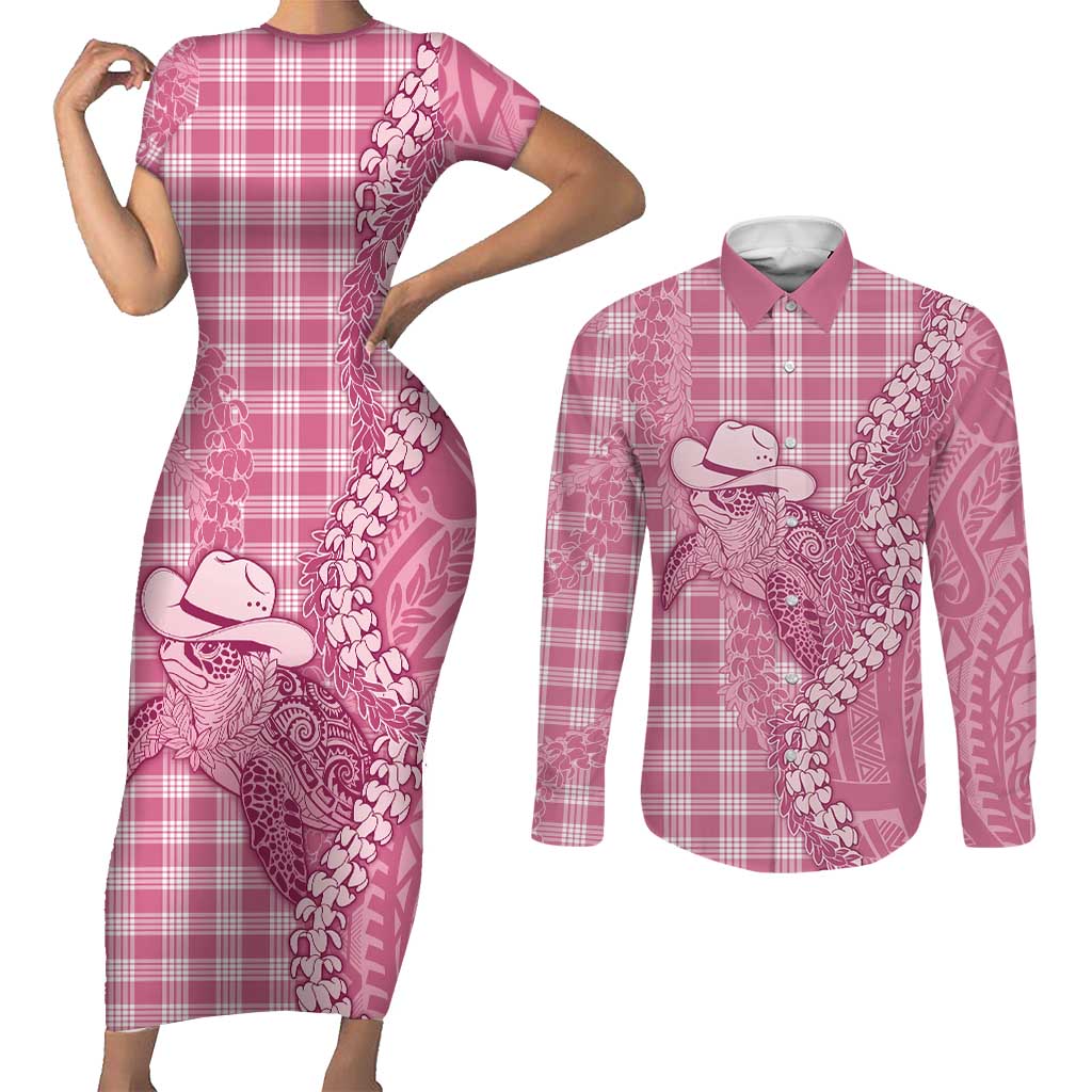 Pink Hawaii Palaka Cowboy Turtle Couples Matching Short Sleeve Bodycon Dress and Long Sleeve Button Shirt Hawaiian Paniolo Puakenikeni Maile Lei - Polynesian Pride