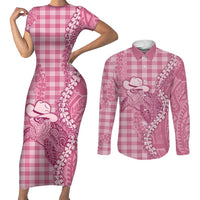 Pink Hawaii Palaka Cowboy Turtle Couples Matching Short Sleeve Bodycon Dress and Long Sleeve Button Shirt Hawaiian Paniolo Puakenikeni Maile Lei DT05 Pink - Polynesian Pride
